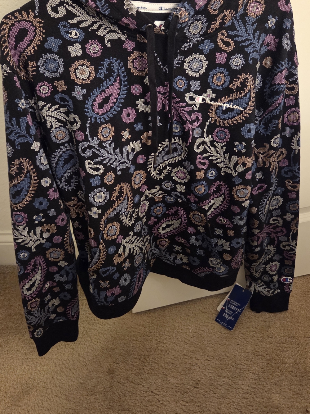 Champion Black Paisley Crewneck Hoodie with Multicolor Floral Motif